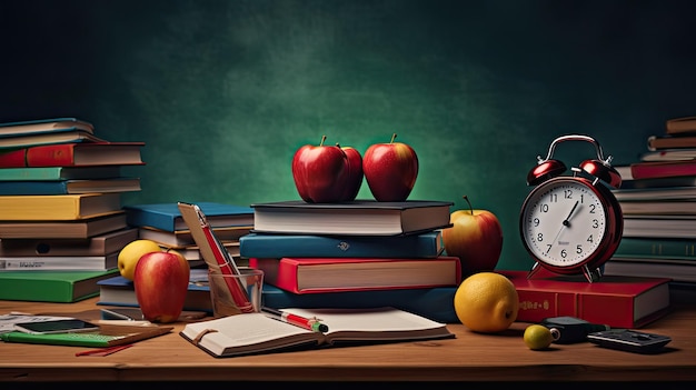 backtoschool background stacked pile of books alarm clock Apple Pencil poised for notetaking symbolizing the excitement and readiness for the academic journey ahead