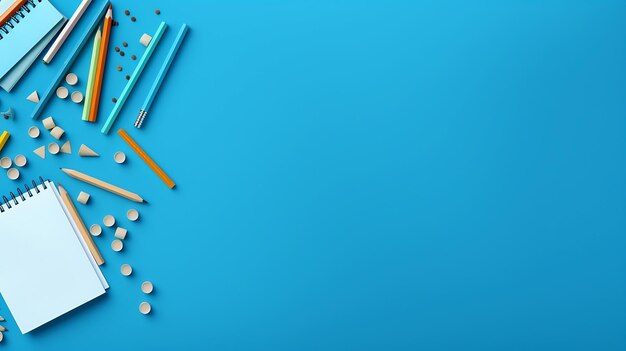 A backtoschool concept with school equipment and copy space on a blue background AIgenerated