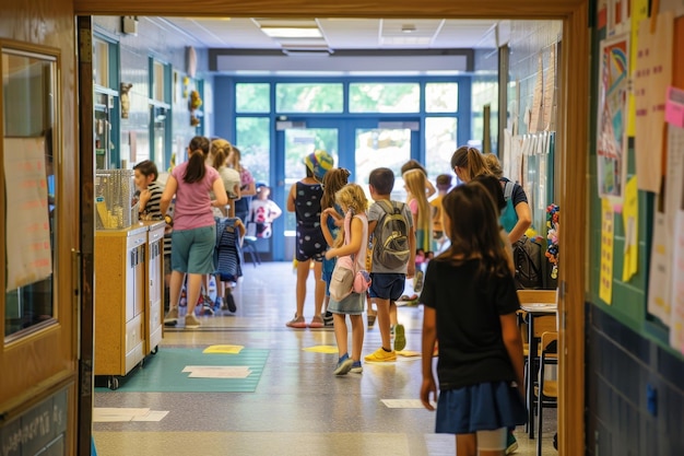 A backtoschool night event with parents and children visiting classrooms and meeting teachers