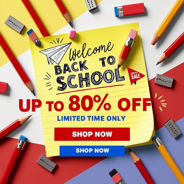 Backtoschool Shop now and sale text and illustrations on the background template