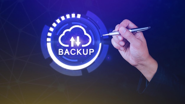 Photo backup files and data on internet with cloud storage technology that sync all online devices a