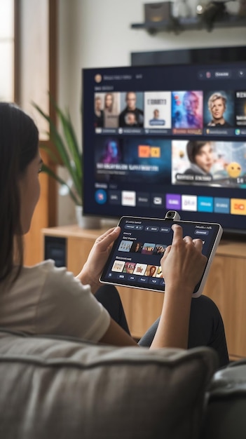 Backview Of Caucasian Woman Looking At Animated Stream of Content