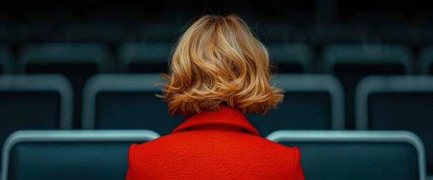 Backview Of A Woman In A Red Coat Standing In An Airport Waiting For Boarding