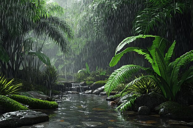 Backyard Australian Rainforest Scene with Rain Cascades