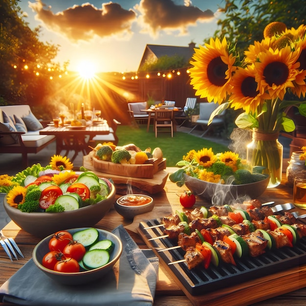 A backyard barbecue scene with sizzling skewers vibrant salads and sunflowers on a rustic table