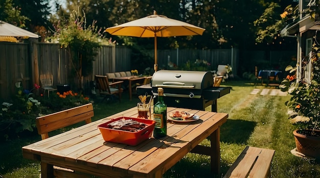 Backyard Barbecue with a Rustic Wooden Table