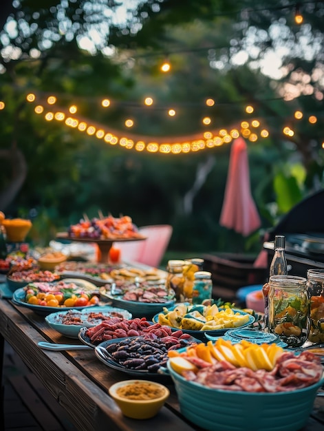 Backyard BBQ party with colorful decorations and food