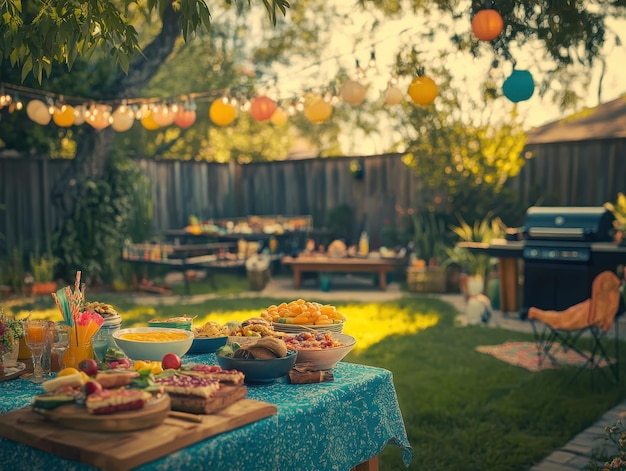 Photo backyard bbq party with colorful decorations and food