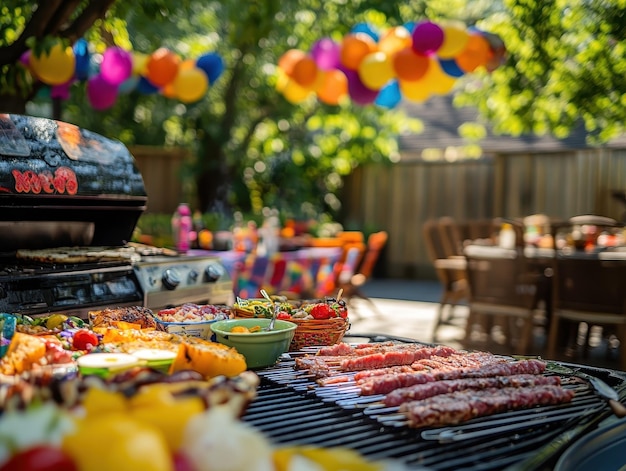 Backyard BBQ party with colorful decorations and food