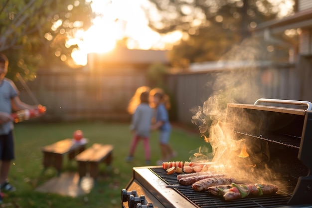 Backyard BBQ with family at sunset smoky grill