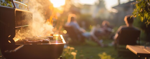 Photo backyard bbq with friends enjoying summer sunset