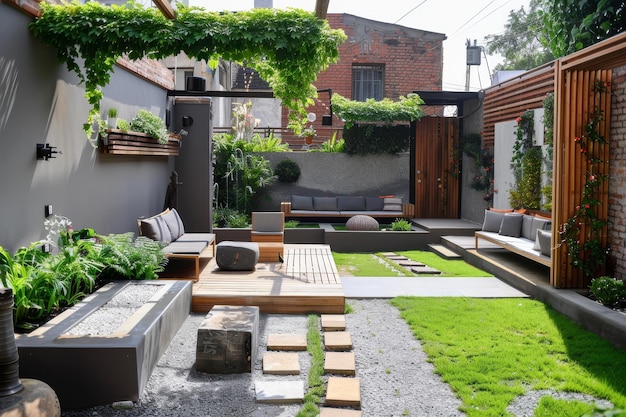 A backyard featuring a sleek couch and table with geometric shapes and minimalist design Modern garden with geometric shapes and minimalist design