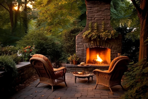 Backyard fireplace chairs terrace Generate Ai