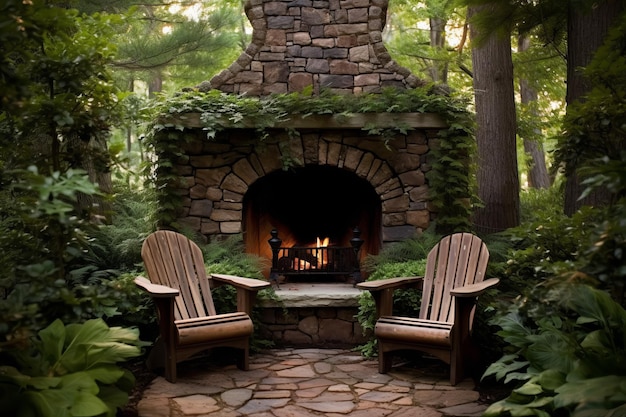 Backyard fireplace wood chairs Generate Ai