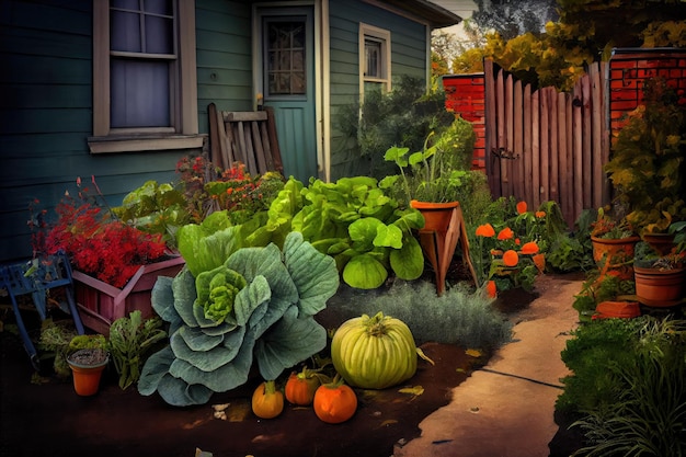 Backyard garden with freshly picked produce and herbs