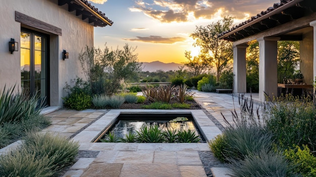 Photo the backyard of a home with a water feature and a water feature