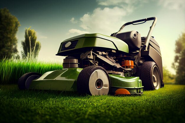 Backyard lawn mower on green grass illustration Generative AI