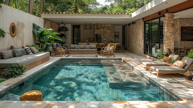 Backyard Oasis With Swimming Pool and Lush Greenery