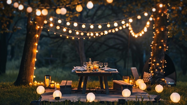 Backyard party adorned with string lights and lanterns copy space