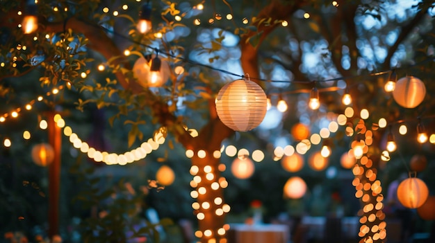 Backyard party adorned with string lights and lanterns copy space