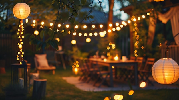 Backyard party adorned with string lights and lanterns copy space