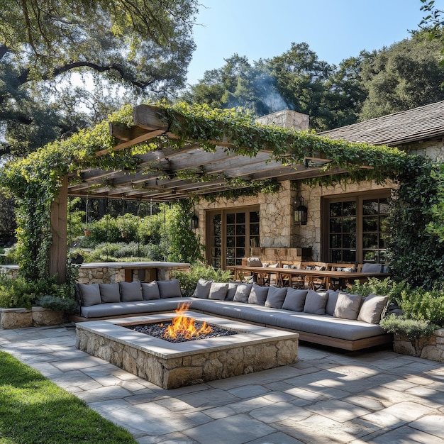 Photo backyard patio with fire pit stone walls and greenery