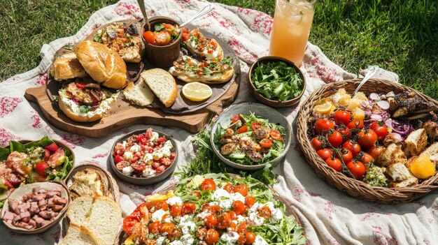 Photo backyard on a warm summer day a blanket is spread on the grass covered with delicious food