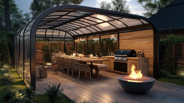 a backyard with a fire pit and a fire pit