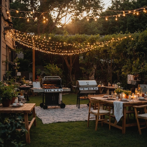 a backyard with a grill and a sign that sayss the number of the year