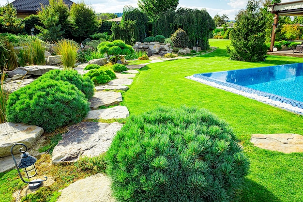 Backyard with outdoor inground residential swimming pool garden