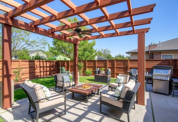 Photo a backyard with a patio and a patio with a patio that has a patio that has a patio that has a patio that has a patio with a fire pit on it