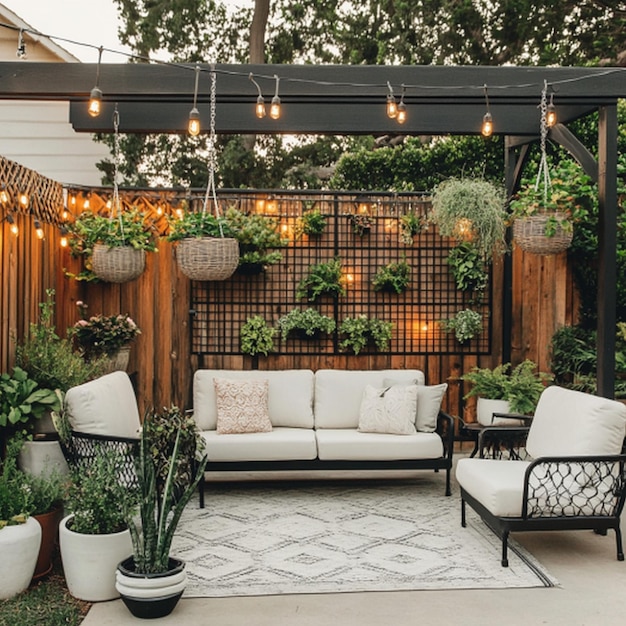 Photo a backyard with a white couch and a table with plants and a chair