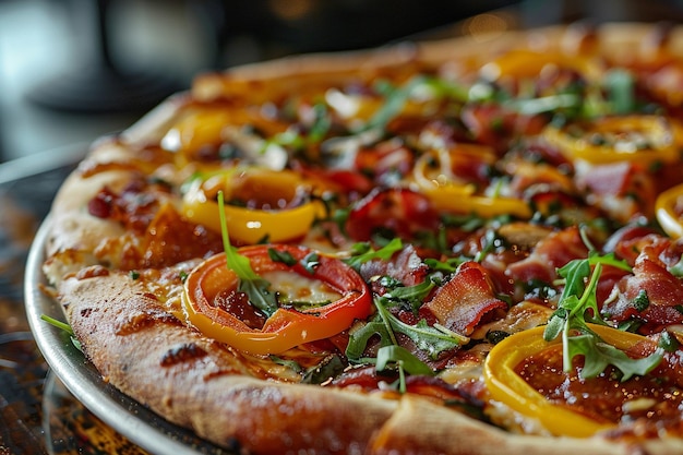 Bacon and arugula leaves pizza with slices of yellow bell pepper and tomato