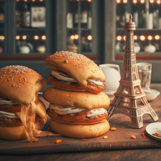 Bacon burgeBacon burger with beef patty on red wooden tabler with beef patty on red wooden table