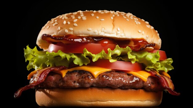 Bacon burger with beef patty isolated on white background