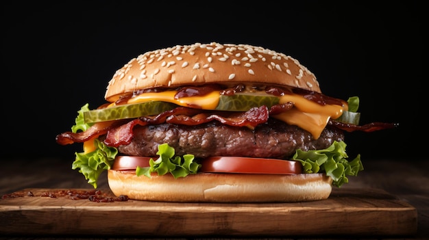 Bacon burger with beef patty isolated on white background