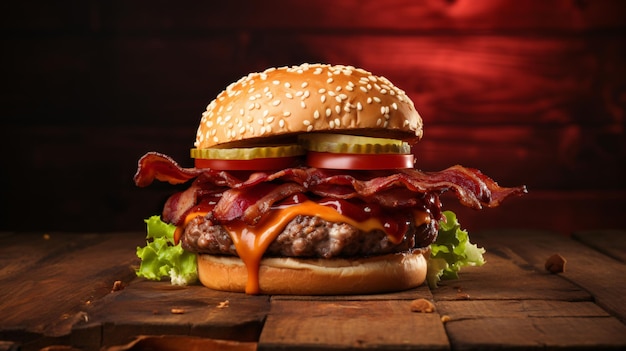 Bacon burger with beef patty isolated on white background