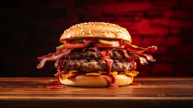 Bacon burger with beef patty isolated on white background