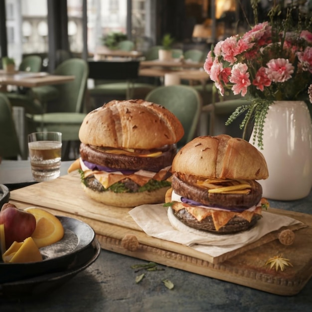 Bacon burger with beef patty on red wooden table