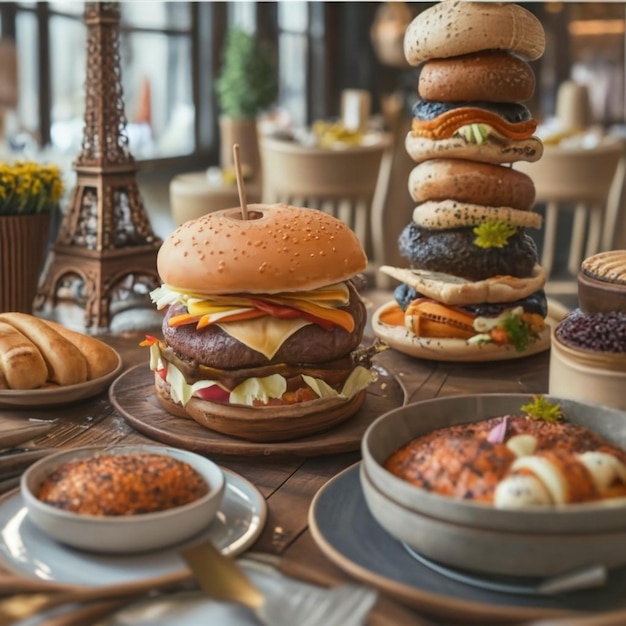 Bacon burger with beef patty on red wooden table