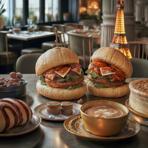 Bacon burger with beef patty on red wooden table