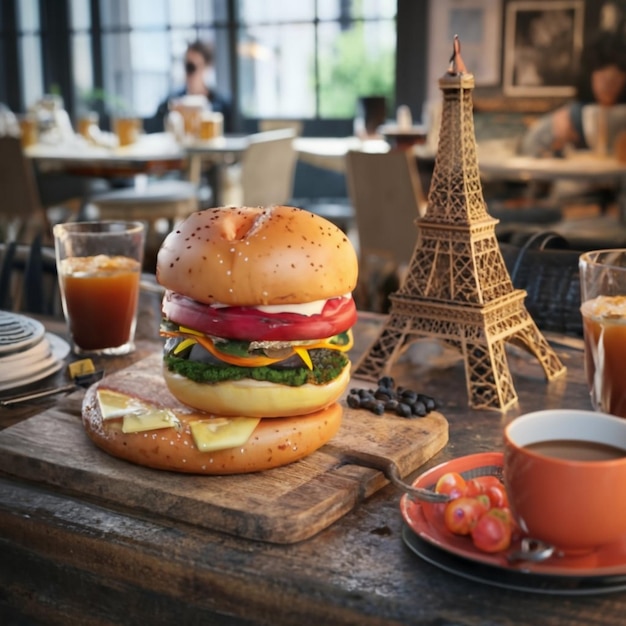 Bacon burger with beef patty on red wooden table