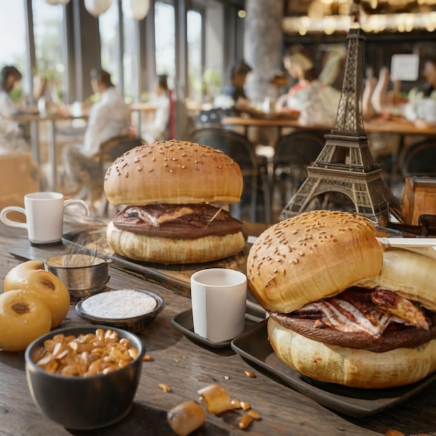 Bacon burger with beef patty on red wooden table