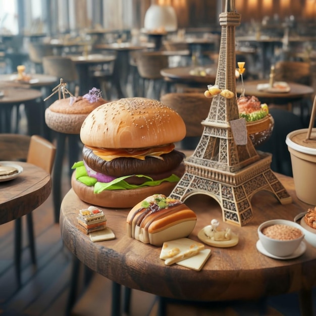 Bacon burger with beef patty on red wooden table