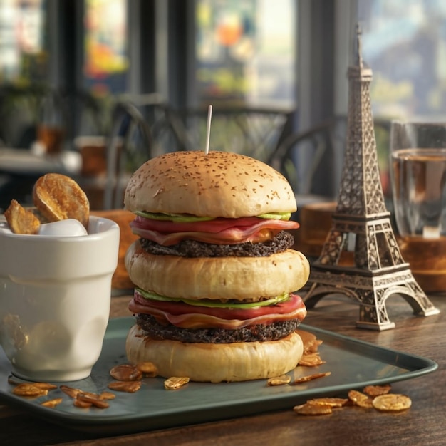 Bacon burger with beef patty on red wooden table