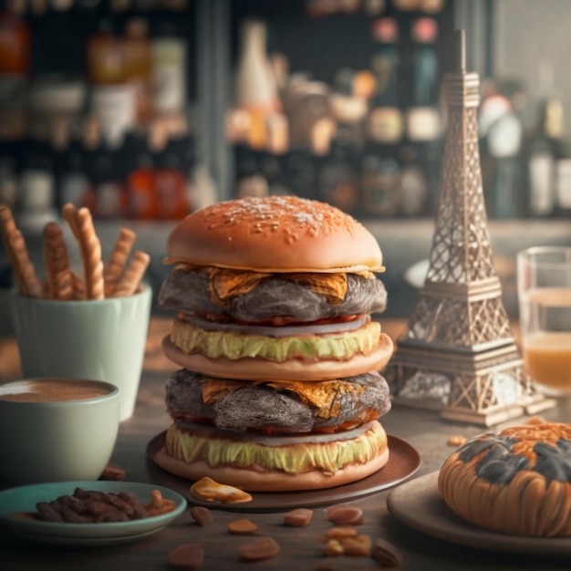 Bacon burger with beef patty on red wooden table