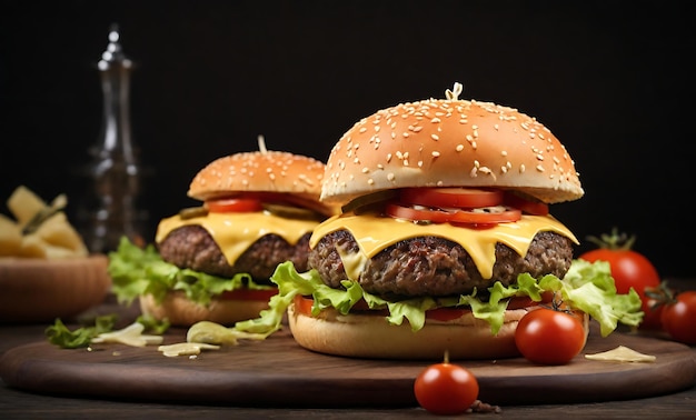 Bacon burger with beef patty on wooden table AI Generated