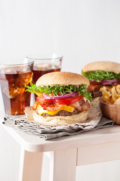 Bacon cheese burger with beef patty tomato onion