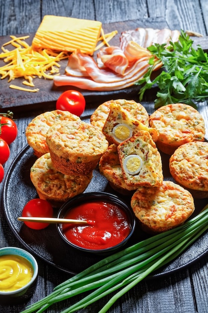 Bacon, Egg and Cheese Breakfast Muffins on a black plate on a wooden table  with ingredients, vertical view from above