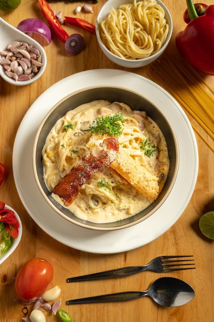 Bacon Spaghetti Carbonara on wooden table